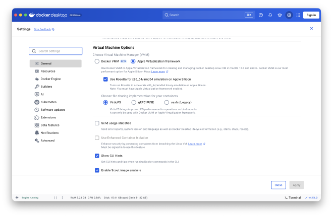 Docker Desktop Settings for Apple Silicon