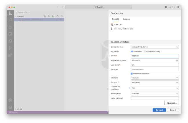 Connection setup in Azure Data Studio