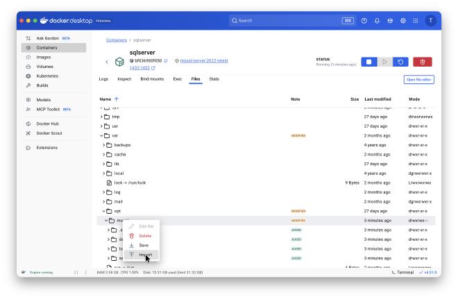 Uploading database backup file to Docker container