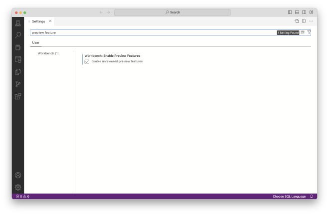 Enable preview features in Azure Data Studio