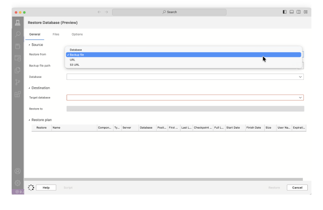 Select backup file option