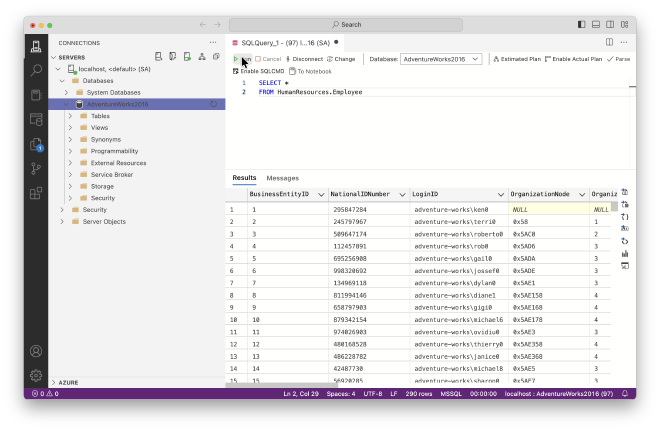 Query results view