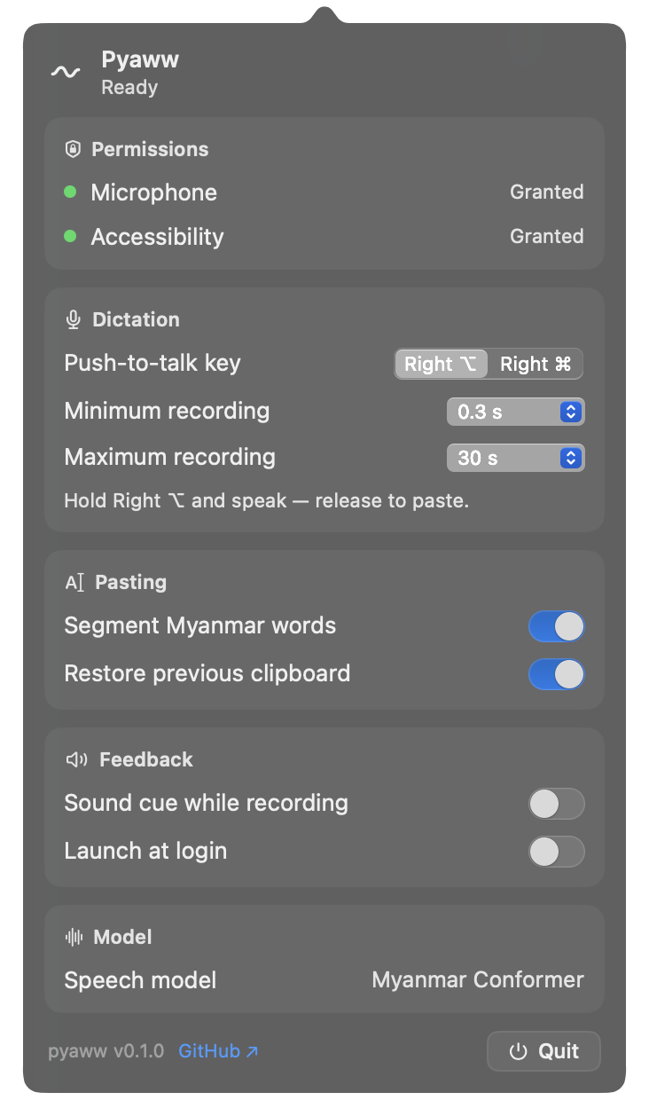 The Pyaww panel — permissions, dictation, pasting and model status